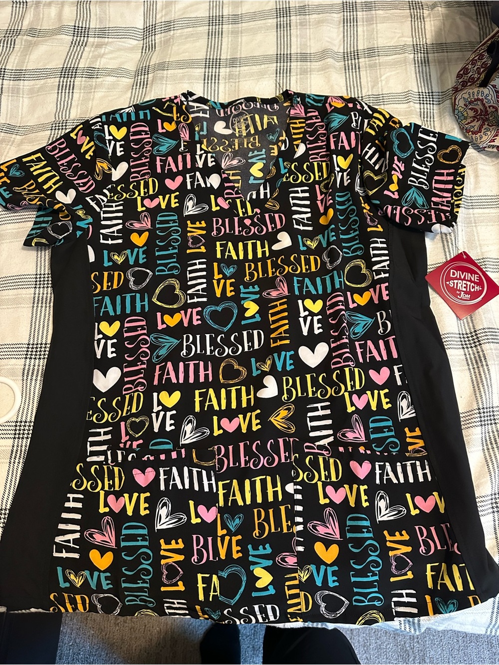 Graphic Scrub Top - Black with Multicolor 'Faith Blessed Love' Print